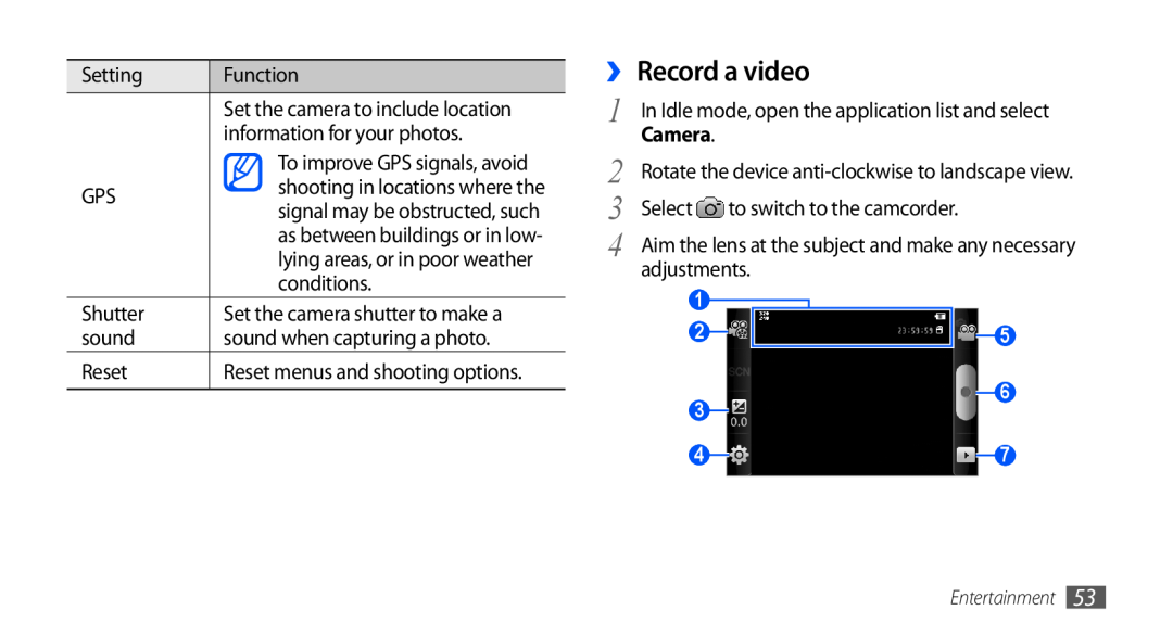 Samsung GT-S5660DSAXXV manual ›› Record a video, Select, to switch to the camcorder, adjustments, Camera, Entertainment 