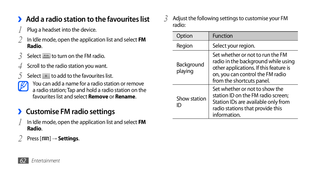 Samsung GT-S5660SWASKZ manual ›› Customise FM radio settings, ›› Add a radio station to the favourites list, Radio 
