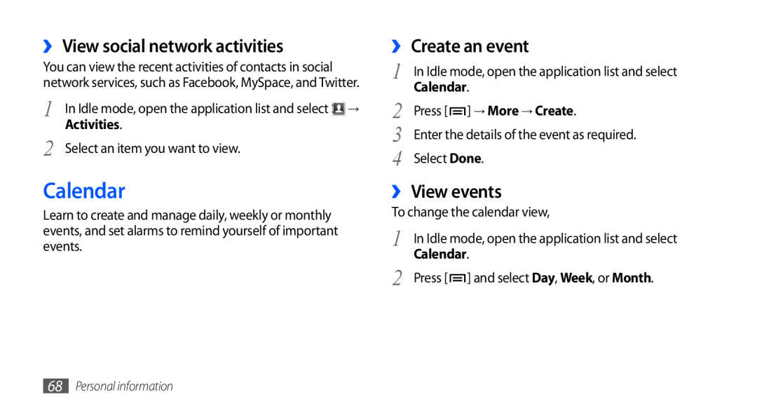 Samsung GT-S5660DSAXSS manual Calendar, ›› View social network activities, ›› Create an event, ›› View events, Activities 