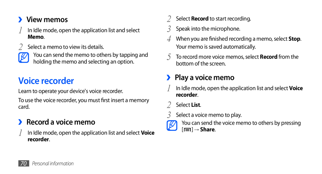 Samsung GT-S5660DSAPAK, GT-S5660DSASKZ Voice recorder, ›› View memos, ›› Record a voice memo, ›› Play a voice memo, Memo 