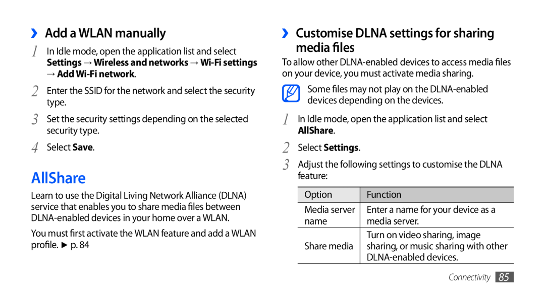 Samsung GT-S5660DSATUN AllShare, ›› Add a WLAN manually, ›› Customise DLNA settings for sharing media files 
