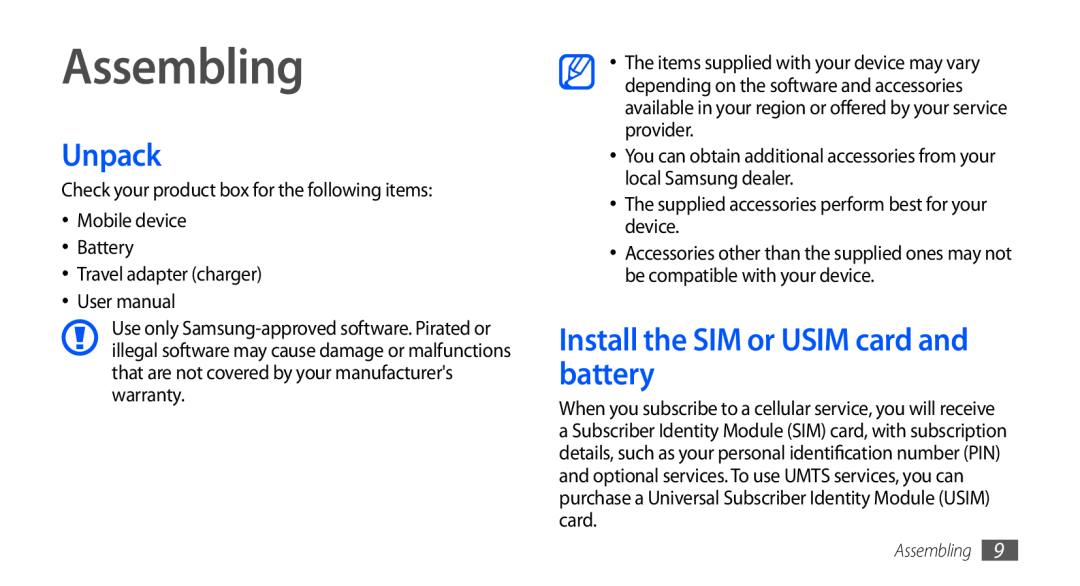 Samsung GT-S5660DSUSKZ, GT-S5660DSASKZ, GT-S5660DSATUN manual Assembling, Unpack, Install the SIM or USIM card and battery 