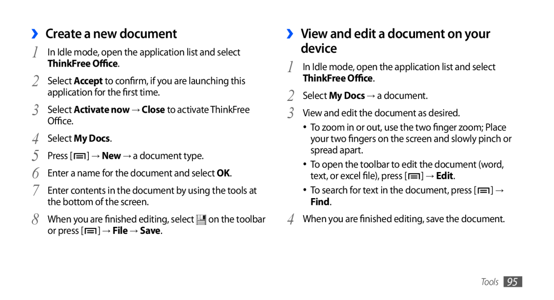Samsung GT-S5660DSAAFR manual ›› Create a new document, ›› View and edit a document on your device, ThinkFree Office 