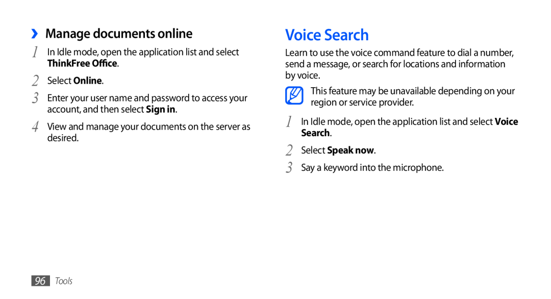 Samsung GT-S5660DSAXSS, GT-S5660DSASKZ manual Voice Search, ›› Manage documents online, Select Speak now, ThinkFree Office 