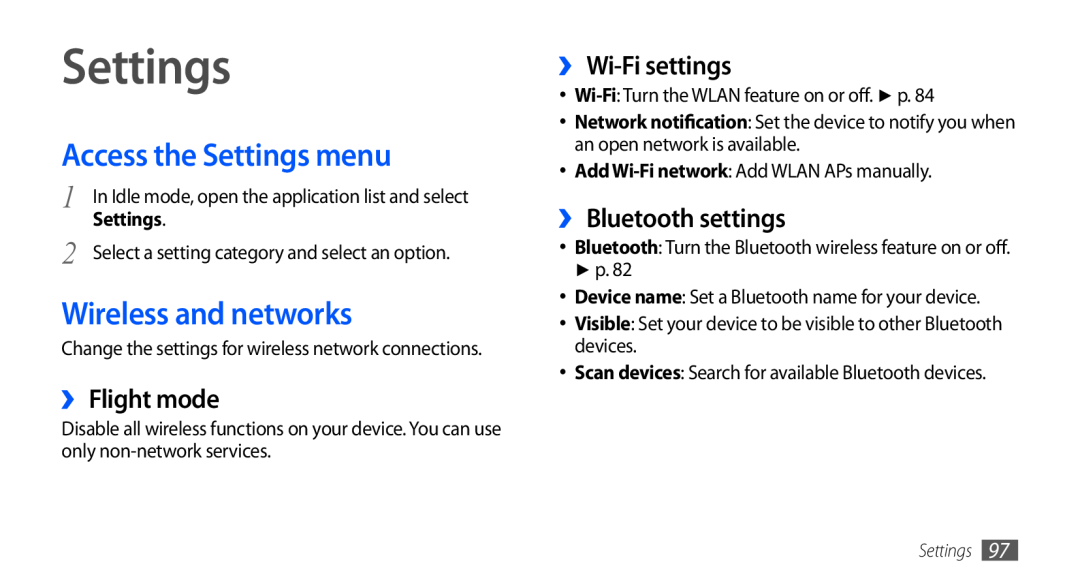 Samsung GT-S5660SWAKSA manual Access the Settings menu, Wireless and networks, ›› Flight mode, ›› Wi-Fi settings 