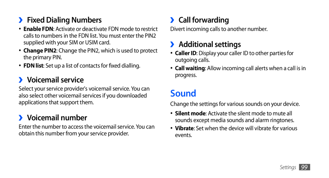 Samsung GT-S5660DSATHR Sound, ›› Fixed Dialing Numbers, ›› Voicemail service, ›› Voicemail number, ›› Call forwarding 