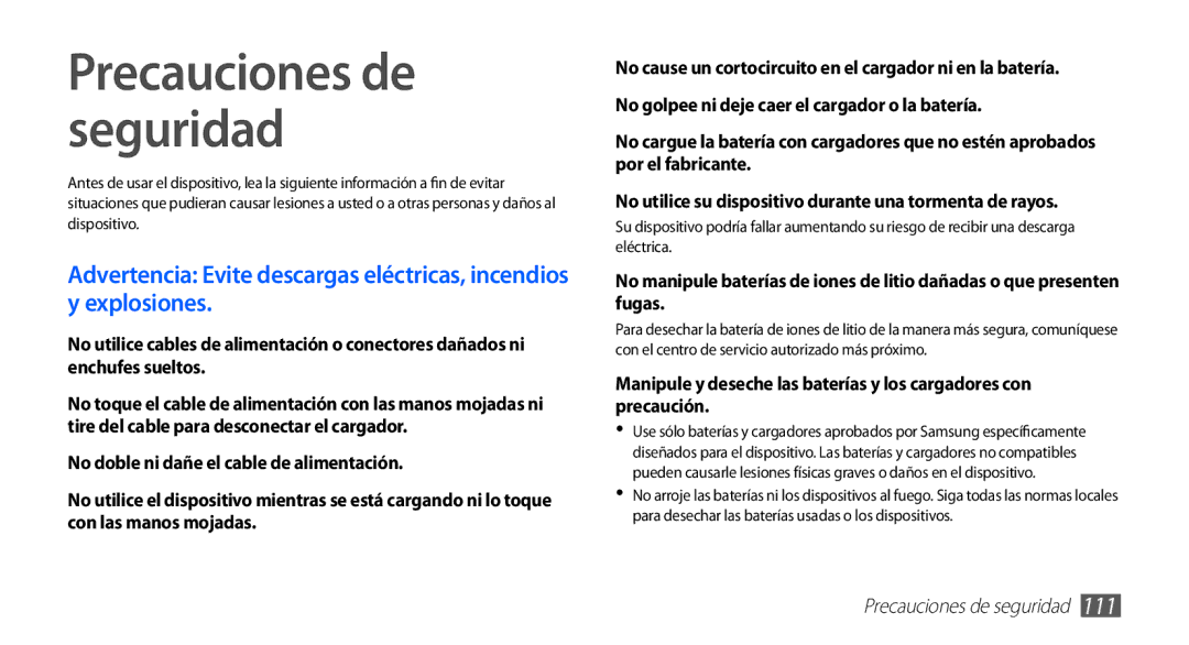 Samsung GT-S5660DSAATL, GT-S5660DSATCL, GT-S5660DSAFOP, GT-S5660DSAXEC, GT-S5660DSAAMN manual Precauciones de seguridad 