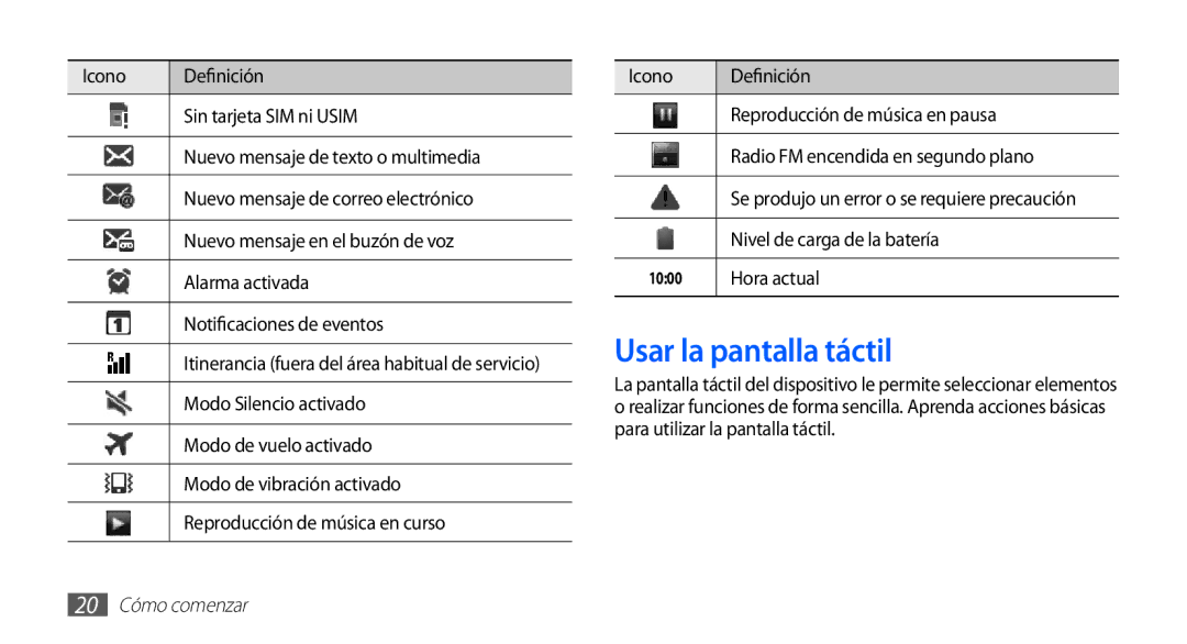 Samsung GT-S5660DSAXEC, GT-S5660DSATCL, GT-S5660DSAFOP Usar la pantalla táctil, Nivel de carga de la batería, Hora actual 