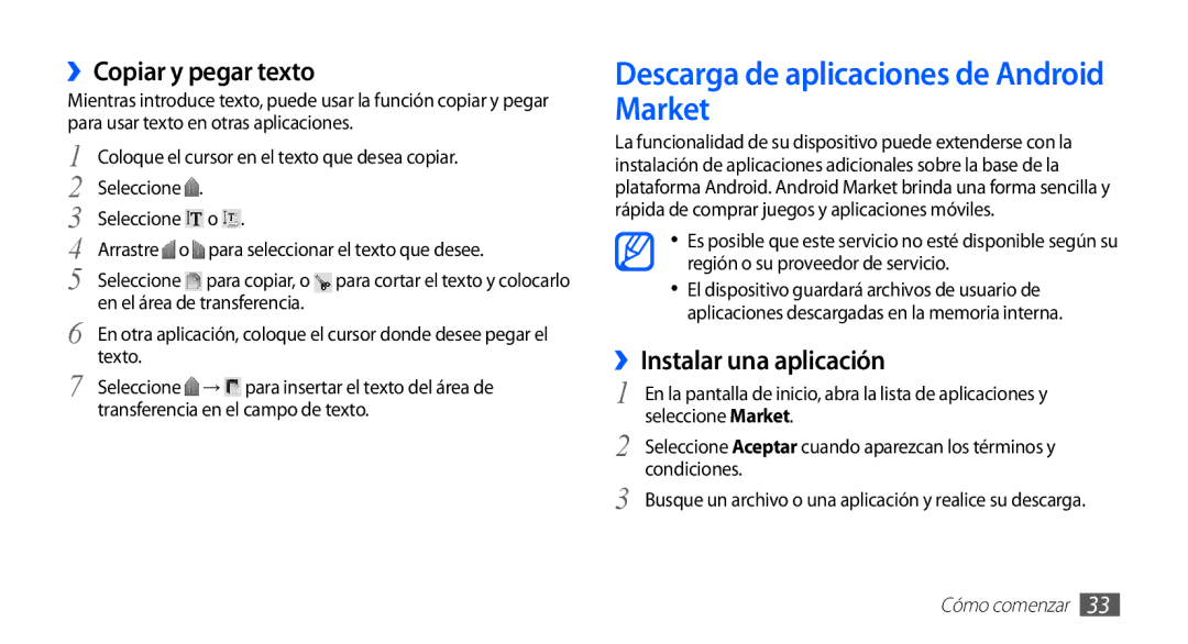 Samsung GT-S5660DSAATL manual Descarga de aplicaciones de Android Market, ››Copiar y pegar texto, ››Instalar una aplicación 