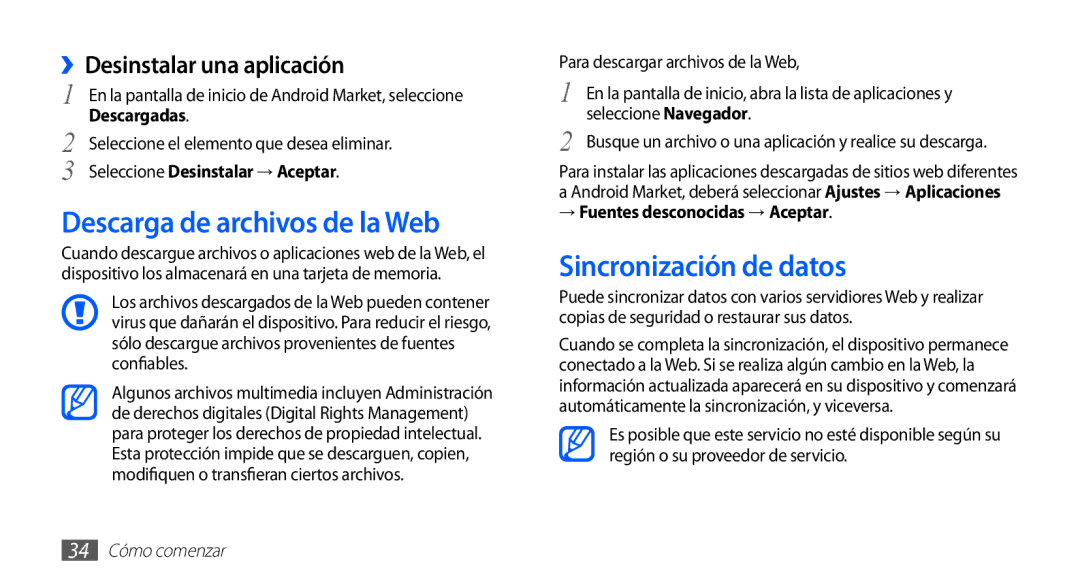 Samsung GT-S5660DSAAMN manual Descarga de archivos de la Web, Sincronización de datos, ››Desinstalar una aplicación 