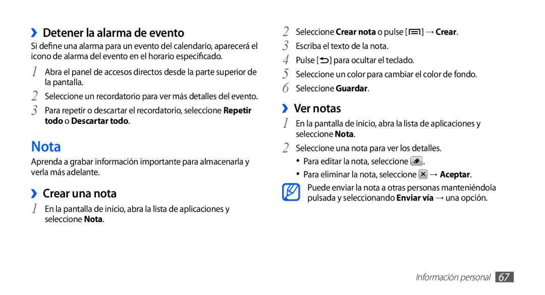 Samsung GT-S5660DSAFOP, GT-S5660DSATCL, GT-S5660DSAXEC Nota, ››Detener la alarma de evento, ››Crear una nota, ››Ver notas 