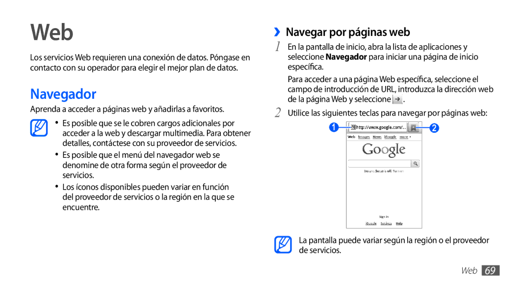 Samsung GT-S5660DSAATL Web, Navegador, ››Navegar por páginas web, Aprenda a acceder a páginas web y añadirlas a favoritos 