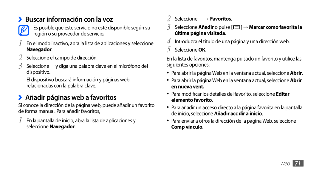 Samsung GT-S5660DSAYOG manual ››Buscar información con la voz, ››Añadir páginas web a favoritos, Última página visitada 