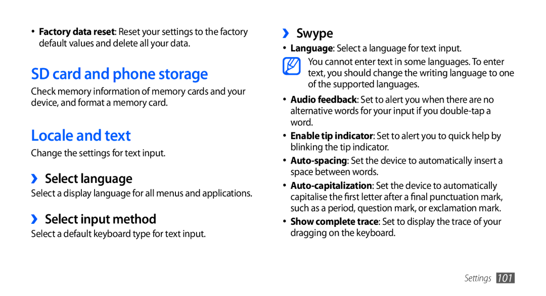 Samsung GT-S5660DSASER SD card and phone storage, Locale and text, ›› Select language, ›› Select input method, ›› Swype 