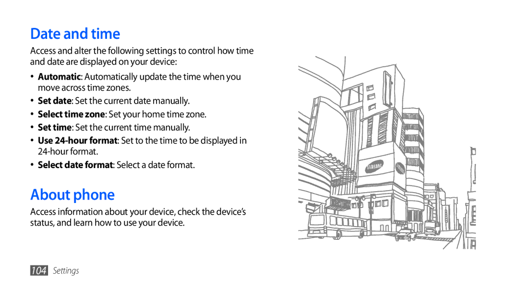 Samsung GT-S5660SWATCL, GT-S5660DSATPH, GT-S5660SWATPH, GT-S5660DSADBT, GT-S5660DSATUR manual Date and time, About phone 