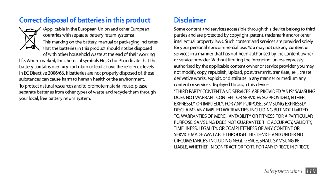 Samsung GT-S5660DSATIM, GT-S5660DSATPH, GT-S5660SWATPH manual Disclaimer, Correct disposal of batteries in this product 