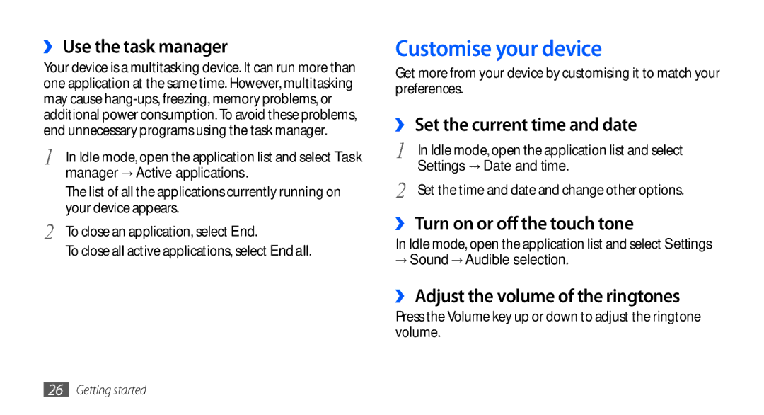 Samsung GT-S5660DSAATL, GT-S5660DSATPH Customise your device, ›› Use the task manager, ›› Set the current time and date 