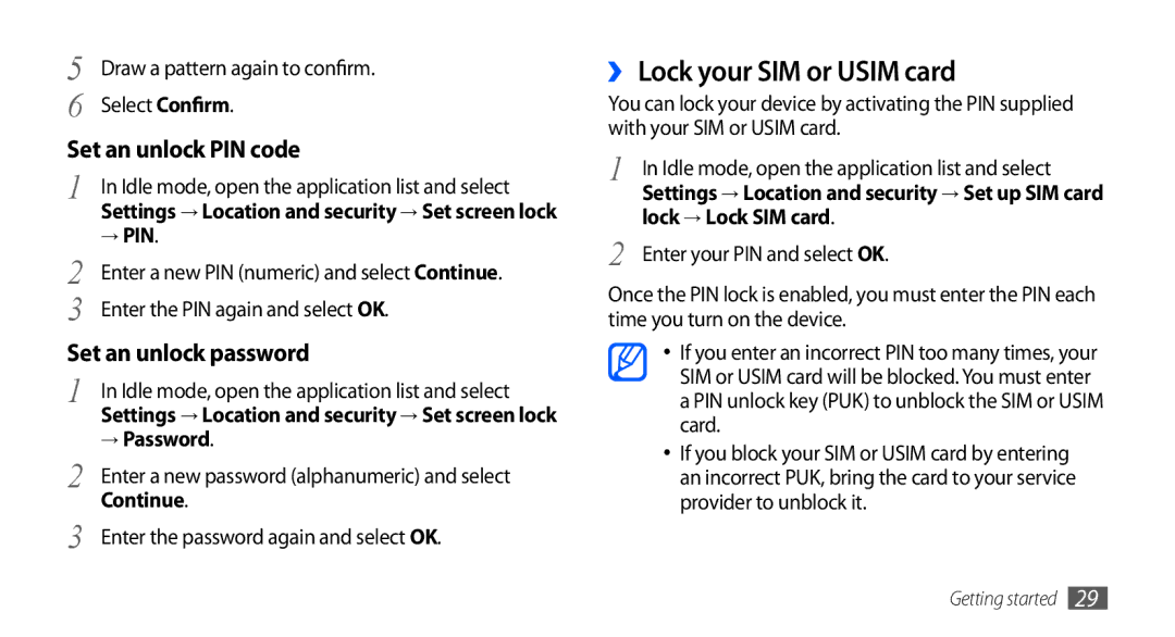 Samsung GT2S5660DSAMTL, GT-S5660DSATPH, GT-S5660SWATPH, GT-S5660SWATCL, GT-S5660DSADBT manual ›› Lock your SIM or Usim card 