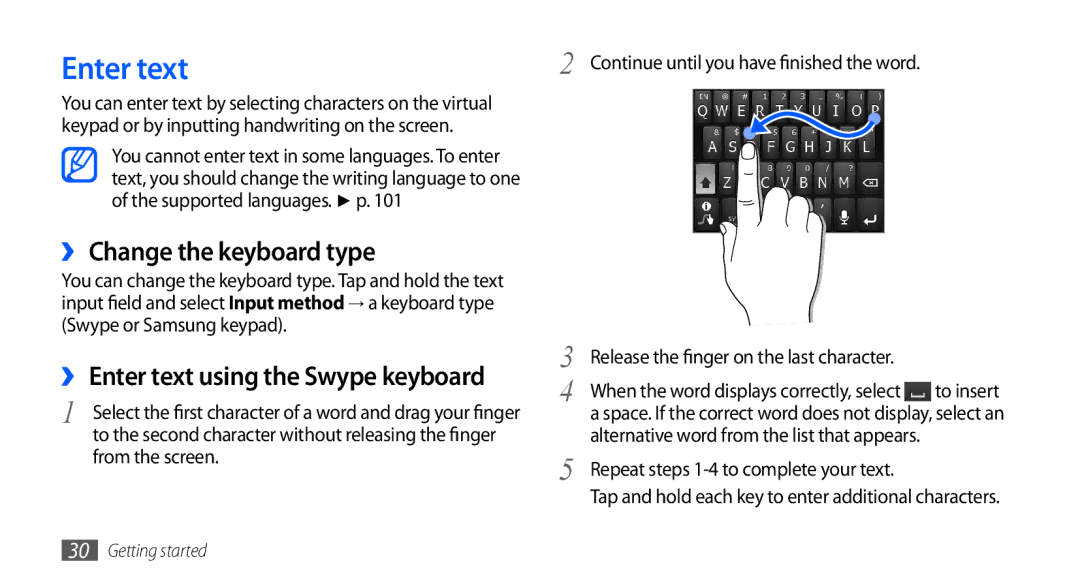 Samsung GT-S5660SWAMTL Enter text, ›› Change the keyboard type, From the screen Continue until you have finished the word 