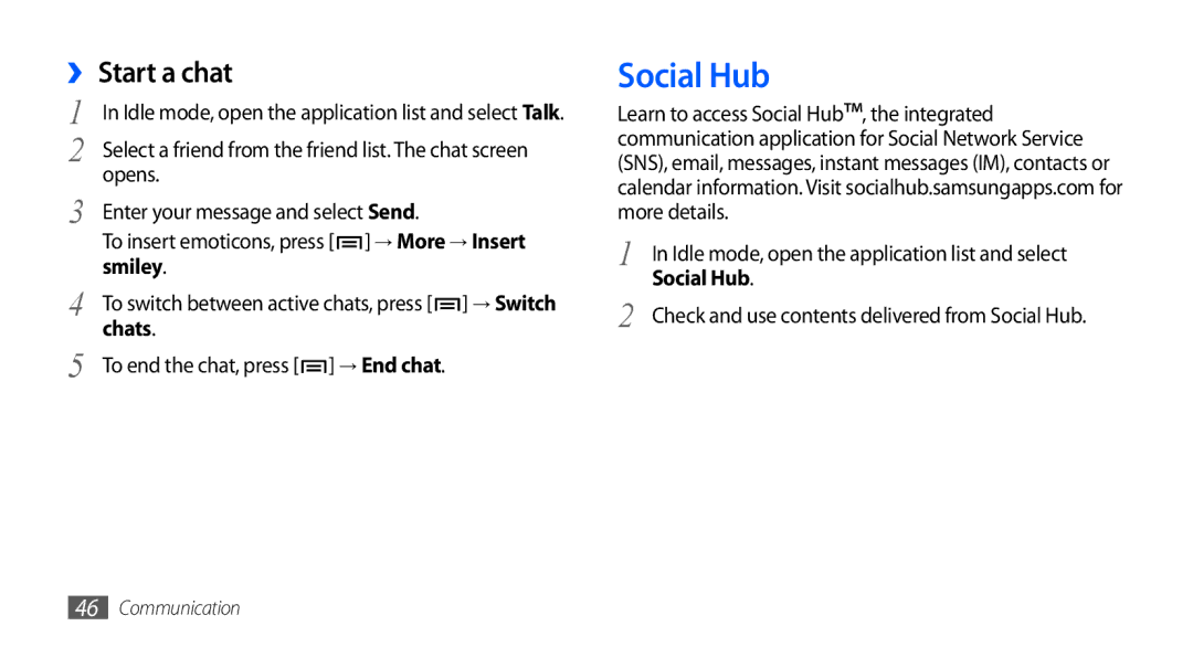 Samsung GT-S5660DSAEUR, GT-S5660DSATPH, GT-S5660SWATPH, GT-S5660SWATCL manual Social Hub, ›› Start a chat, Smiley, Chats 