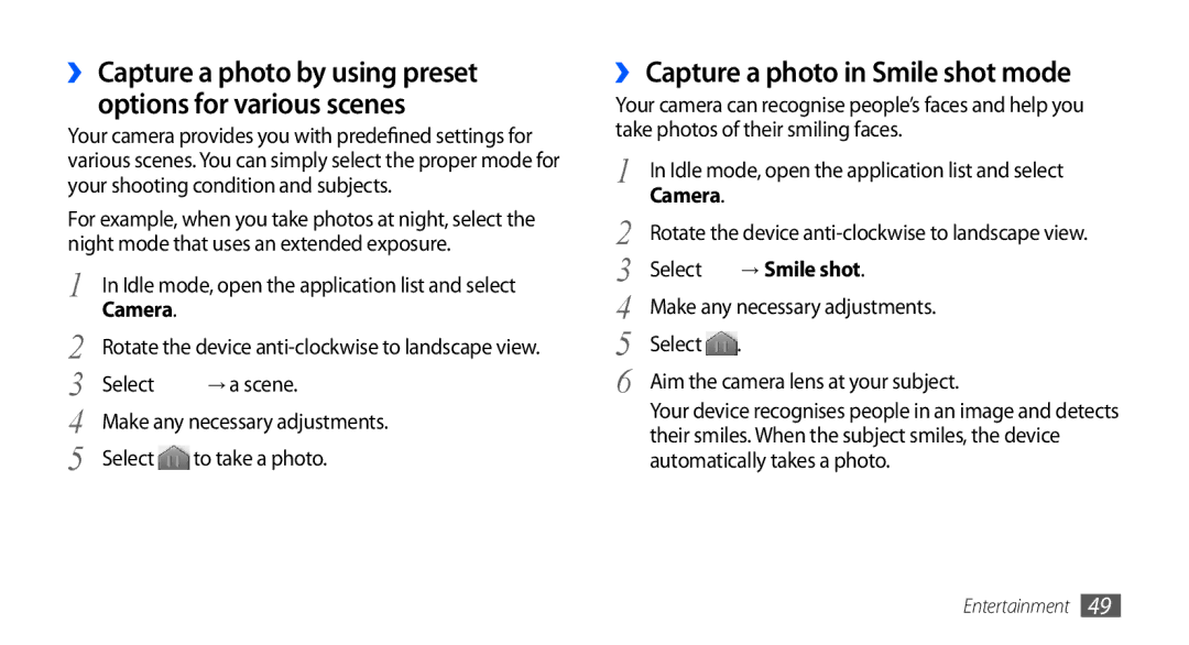 Samsung GT-S5660SWASER, GT-S5660DSATPH, GT-S5660SWATPH manual ›› Capture a photo in Smile shot mode, Camera, → Smile shot 