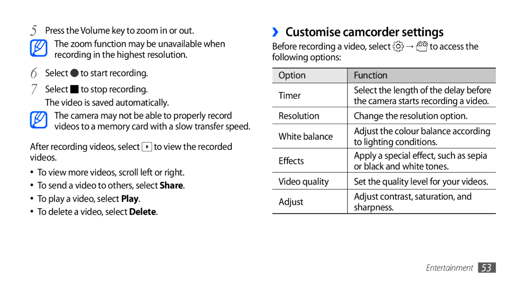 Samsung GT-S5660SWATCL, GT-S5660DSATPH, GT-S5660SWATPH, GT-S5660DSADBT, GT-S5660DSATUR manual ›› Customise camcorder settings 