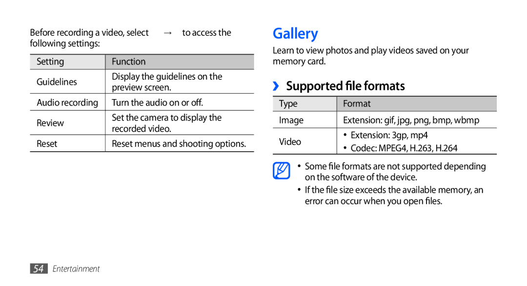 Samsung GT-S5660DSADBT, GT-S5660DSATPH, GT-S5660SWATPH, GT-S5660SWATCL, GT-S5660DSATUR manual Gallery, ››Supported file formats 