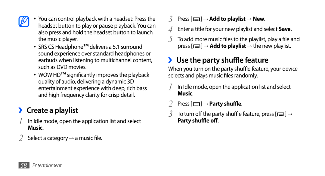 Samsung GT-S5660SWATUR manual ›› Create a playlist, ›› Use the party shuffle feature, → Add to playlist → New, Off 