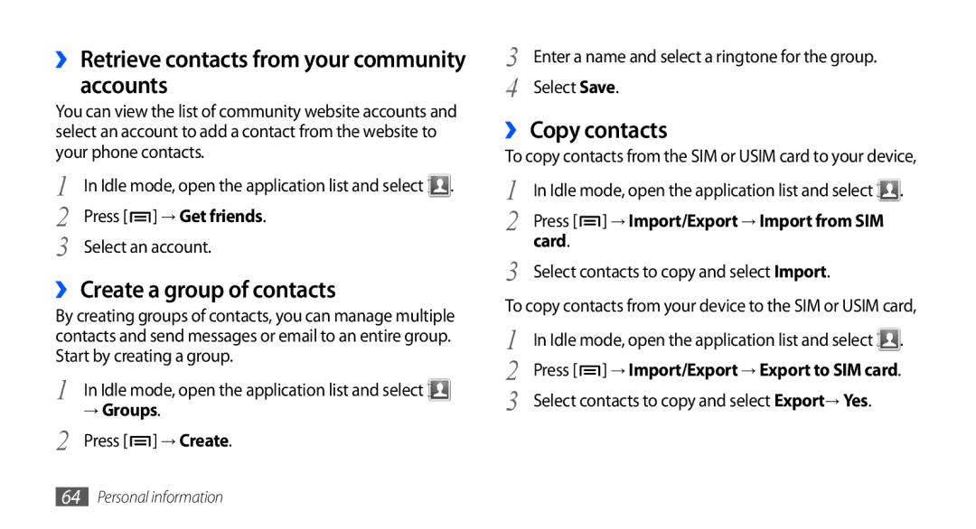 Samsung GT-S5660DSAXEF, GT-S5660DSATPH manual Accounts, ›› Create a group of contacts, ›› Copy contacts, → Groups, Card 