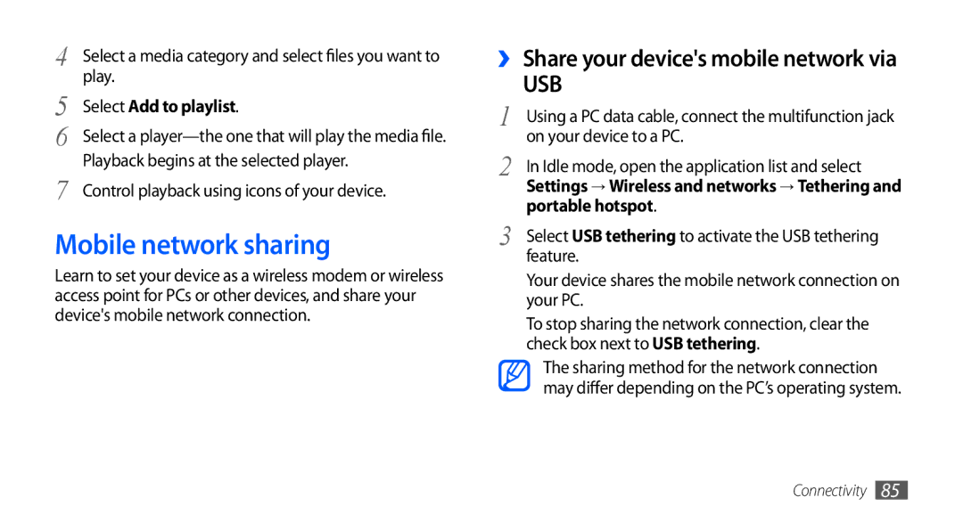 Samsung GT-S5660DSABGL, GT-S5660DSATPH, GT-S5660SWATPH Mobile network sharing, On your device to a PC, Portable hotspot 