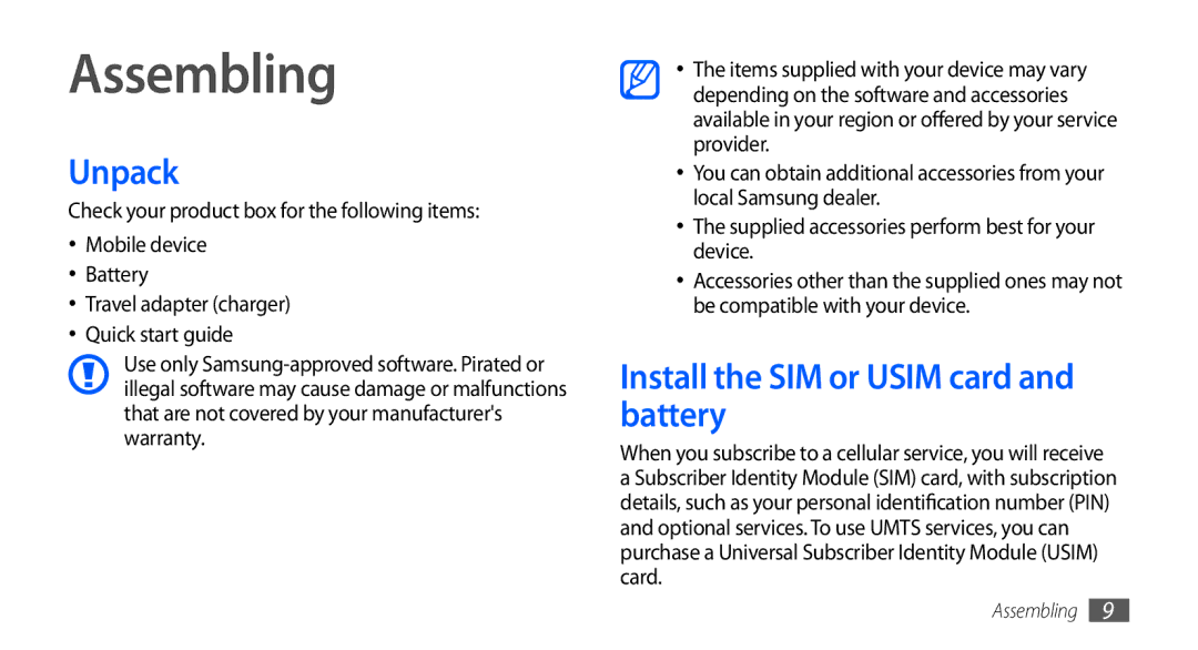 Samsung GT-S5660SWABOG, GT-S5660DSATPH, GT-S5660SWATPH manual Assembling, Unpack, Install the SIM or Usim card and battery 