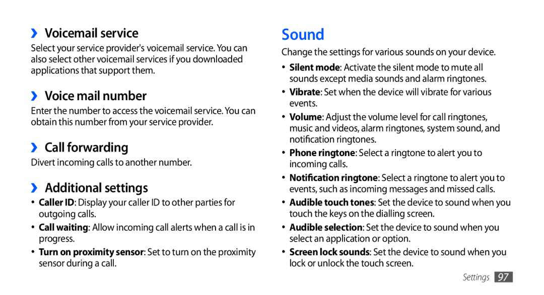 Samsung GT-S5660DSAEUR manual Sound, ›› Voicemail service, ›› Voice mail number, ›› Call forwarding, ›› Additional settings 