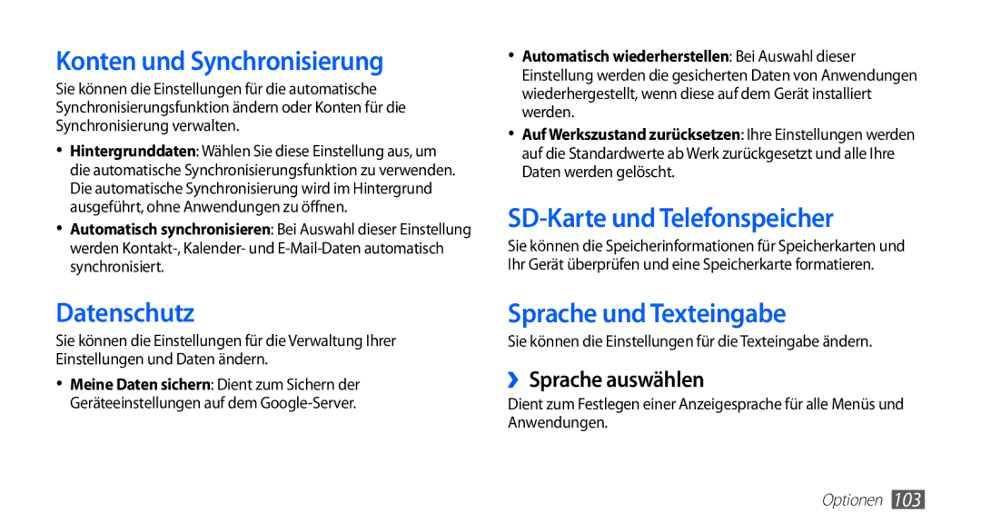 Samsung GT-S5660SWATUR Konten und Synchronisierung, Datenschutz, SD-Karte und Telefonspeicher, Sprache und Texteingabe 