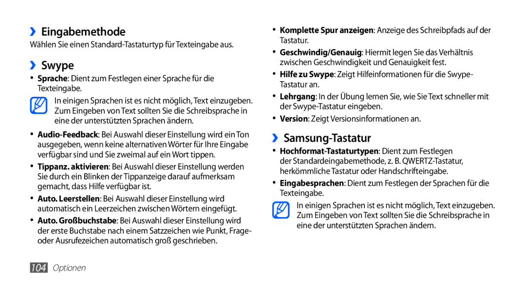 Samsung GT-S5660DSATPH, GT-S5660SWATPH, GT-S5660SWATCL, GT-S5660DSADBT manual ››Eingabemethode, ››Swype, ››Samsung-Tastatur 