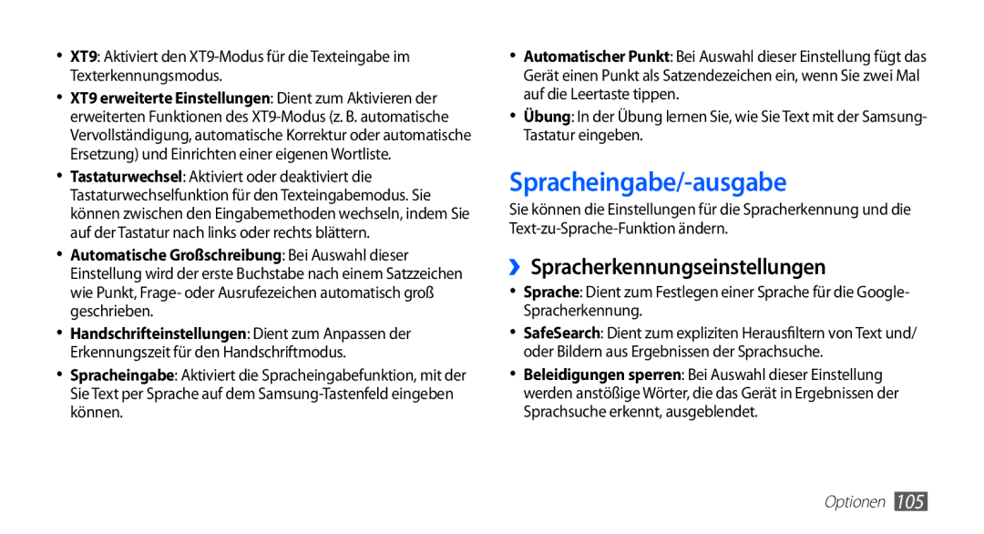 Samsung GT-S5660SWATPH, GT-S5660DSATPH, GT-S5660SWATCL manual Spracheingabe/-ausgabe, ››Spracherkennungseinstellungen 