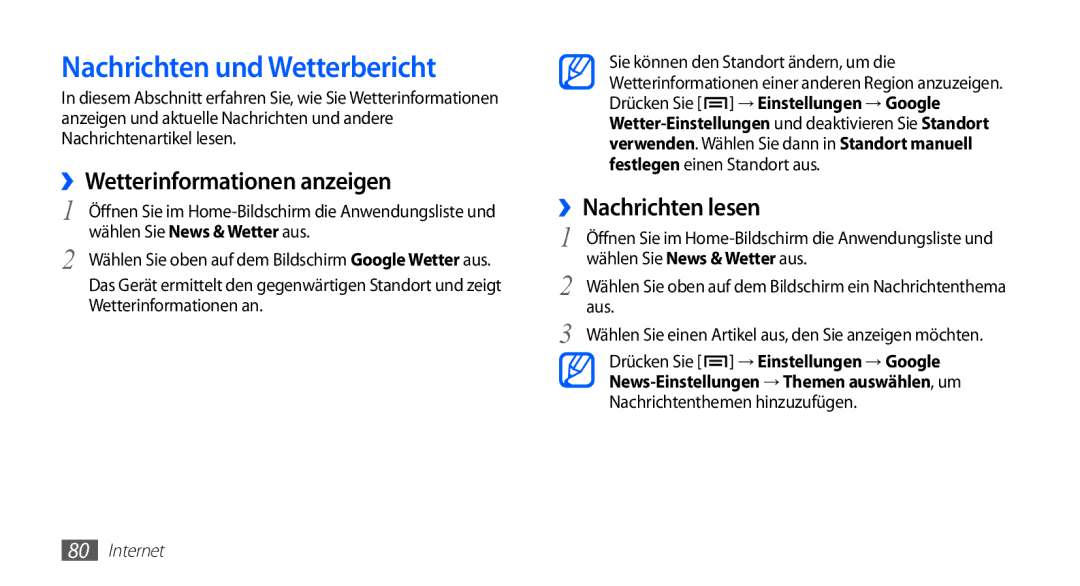 Samsung GT-S5660DSATPH, GT-S5660SWATPH Nachrichten und Wetterbericht, ››Wetterinformationen anzeigen, ››Nachrichten lesen 