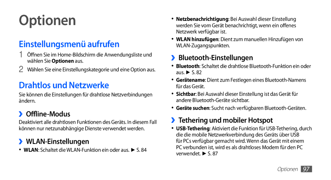 Samsung GT-S5660SWATPH, GT-S5660DSATPH, GT-S5660SWATCL manual Optionen, Einstellungsmenü aufrufen, Drahtlos und Netzwerke 