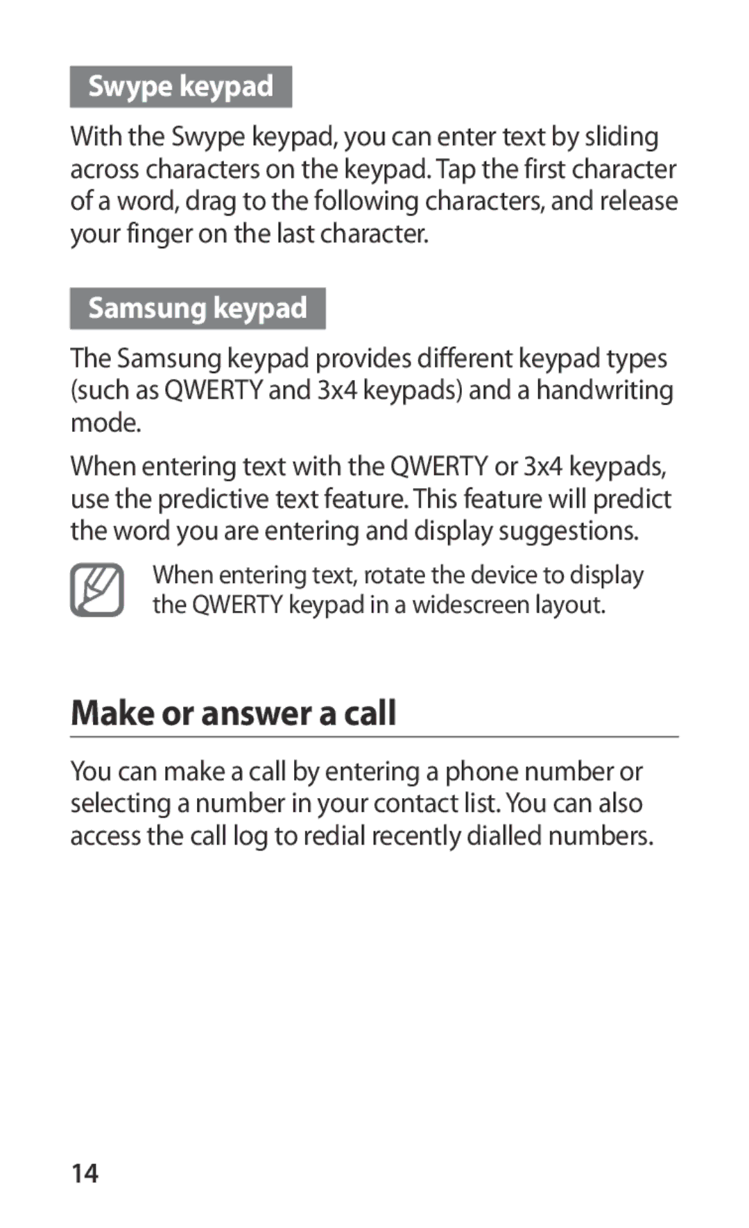 Samsung GT-S5660SWASEB, GT-S5660DSATPH, GT-S5660SWATPH, GT-S5660SWATCL Make or answer a call, Swype keypad, Samsung keypad 