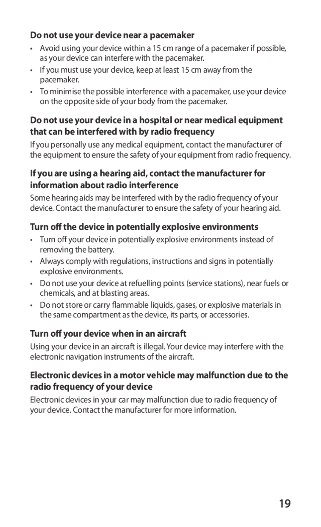 Samsung GT-S5660SWACYV Do not use your device near a pacemaker, Turn off the device in potentially explosive environments 