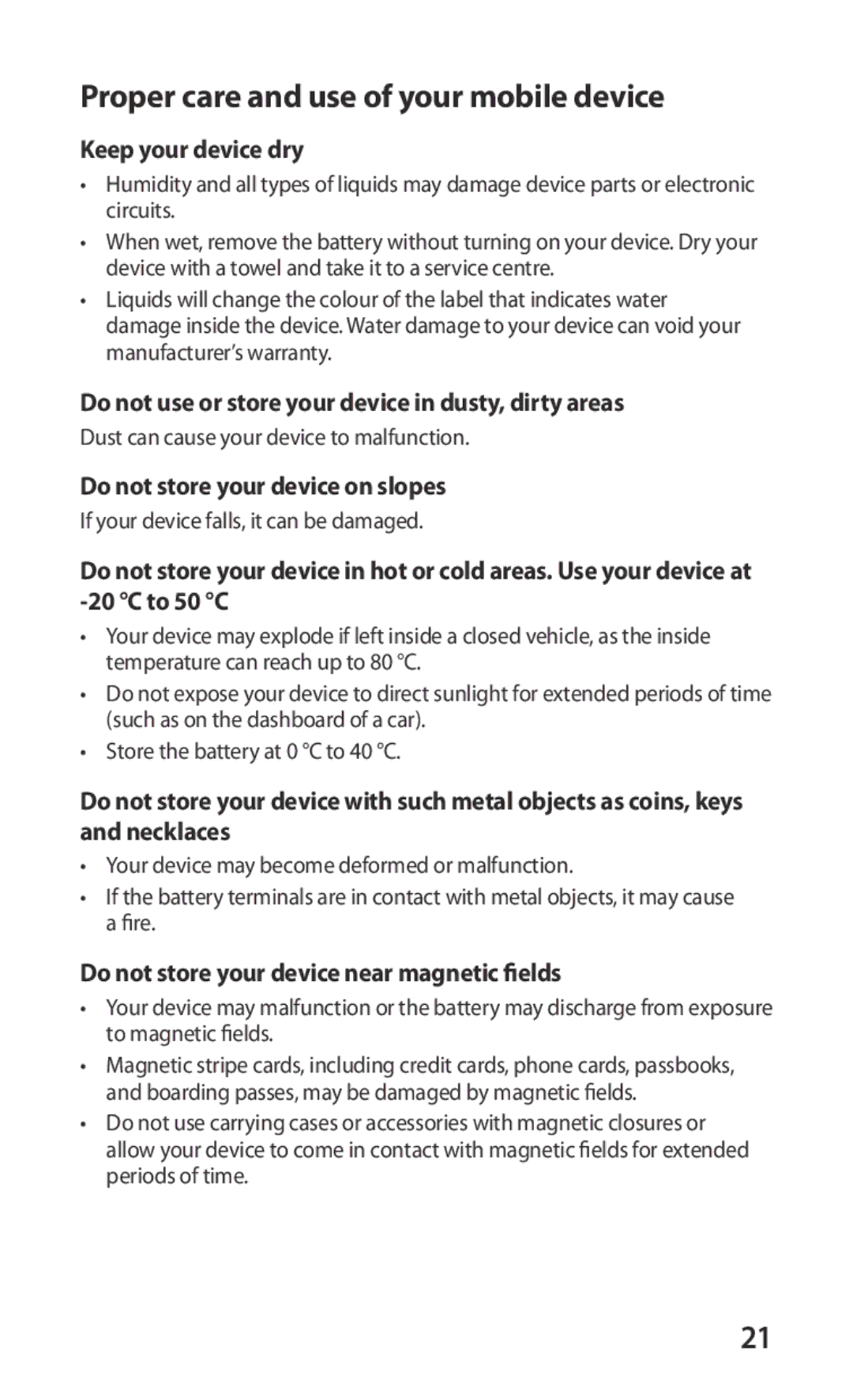 Samsung GT-S5660DSASER Proper care and use of your mobile device, Keep your device dry, Do not store your device on slopes 