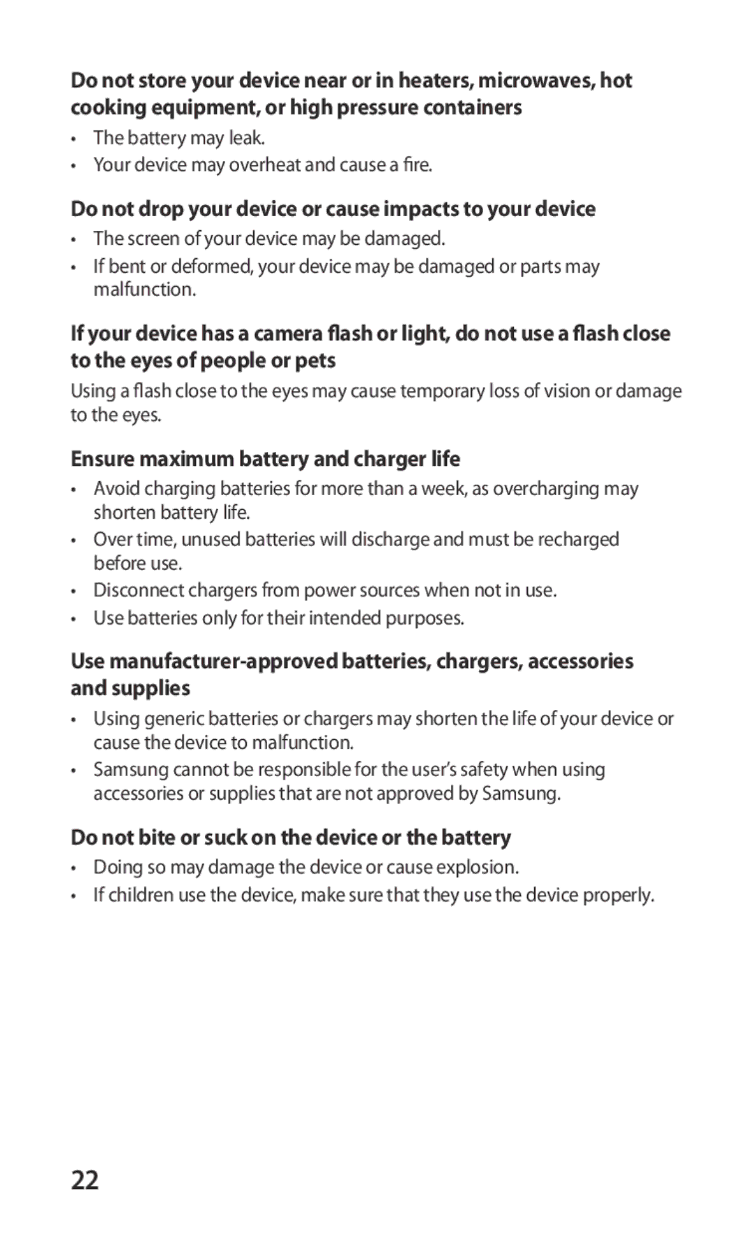 Samsung GT-S5660DSATPH Do not drop your device or cause impacts to your device, Ensure maximum battery and charger life 