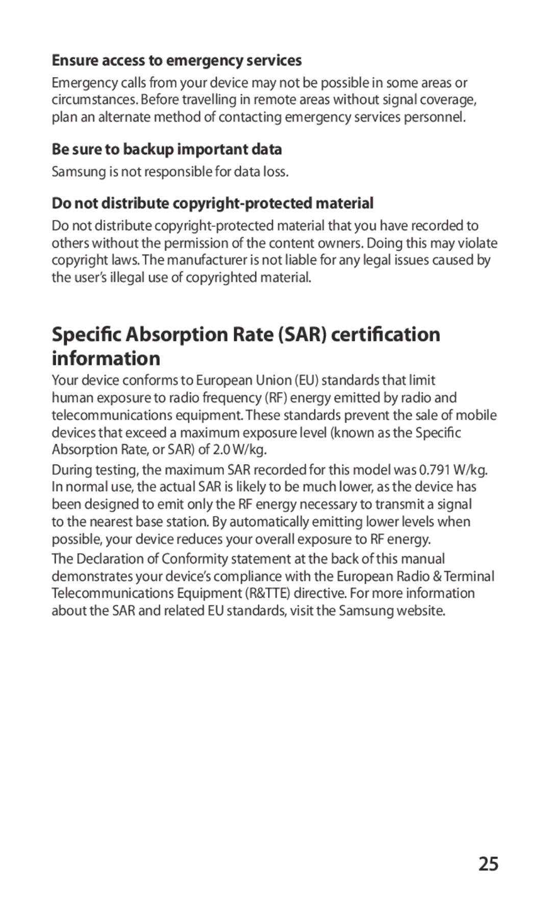 Samsung GT-S5660DSADBT manual Specific Absorption Rate SAR certification information, Ensure access to emergency services 