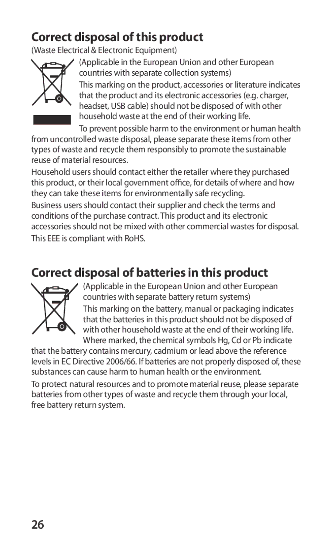 Samsung GT-S5660DSATUR, GT-S5660DSATPH Correct disposal of this product, Correct disposal of batteries in this product 