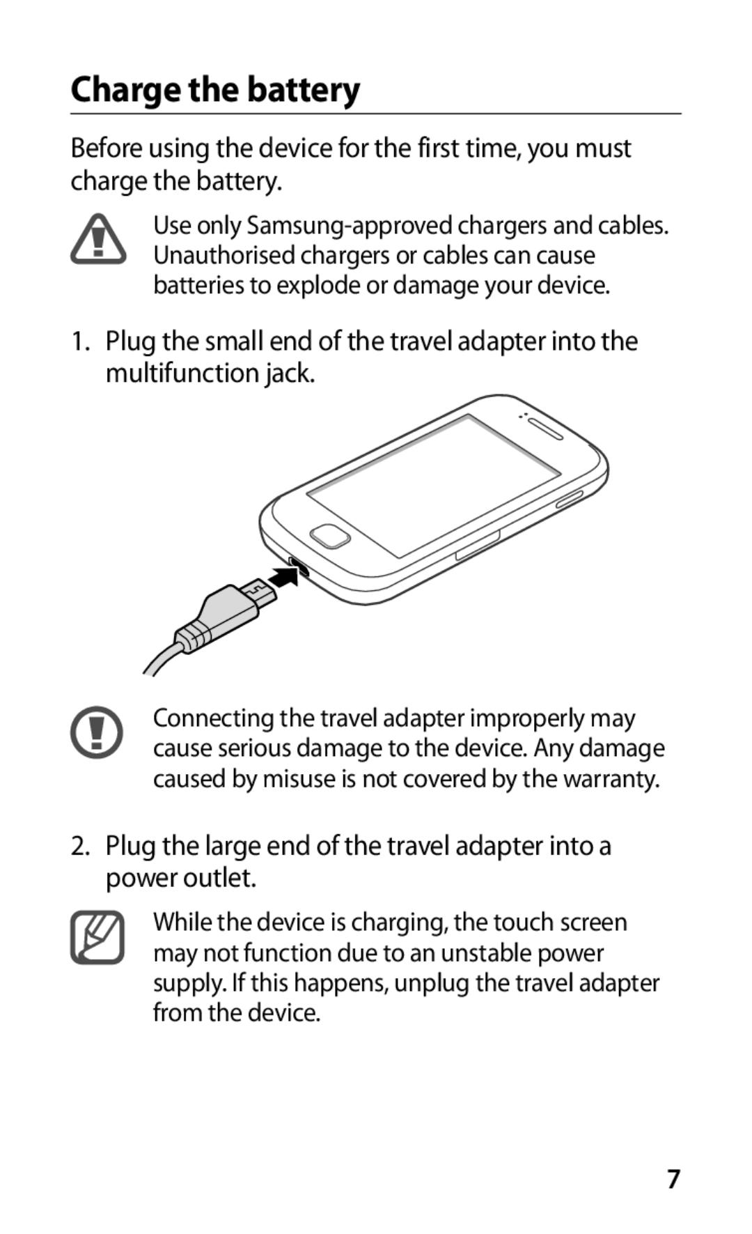 Samsung GT-S5660SWATUR, GT-S5660DSATPH, GT-S5660SWATPH, GT-S5660SWATCL, GT-S5660DSADBT, GT-S5660DSATUR manual Charge the battery 