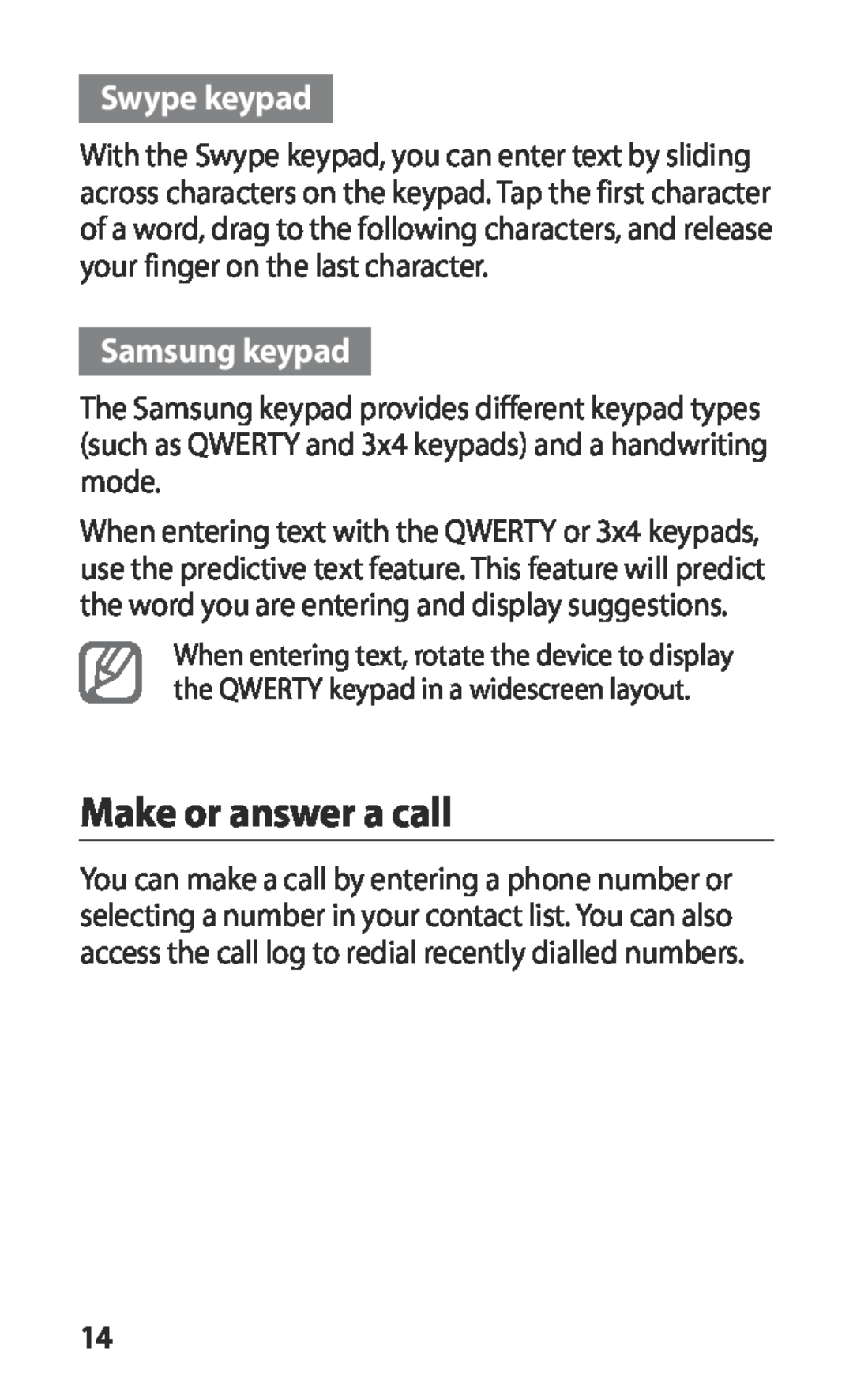 Samsung GT-S5660SWASEB, GT-S5660DSATPH, GT-S5660SWATPH, GT-S5660SWATCL Make or answer a call, Swype keypad, Samsung keypad 