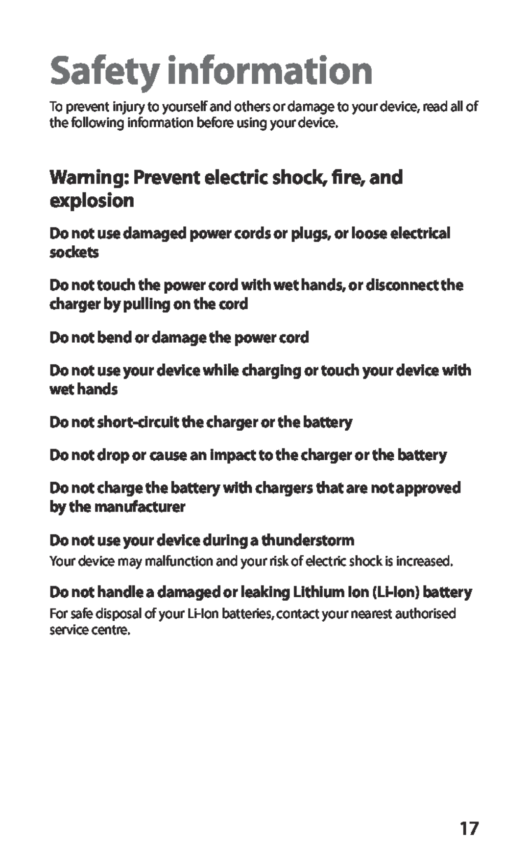 Samsung GT-S5660DSAEUR, GT-S5660DSATPH manual Safety information, Warning Prevent electric shock, fire, and explosion 