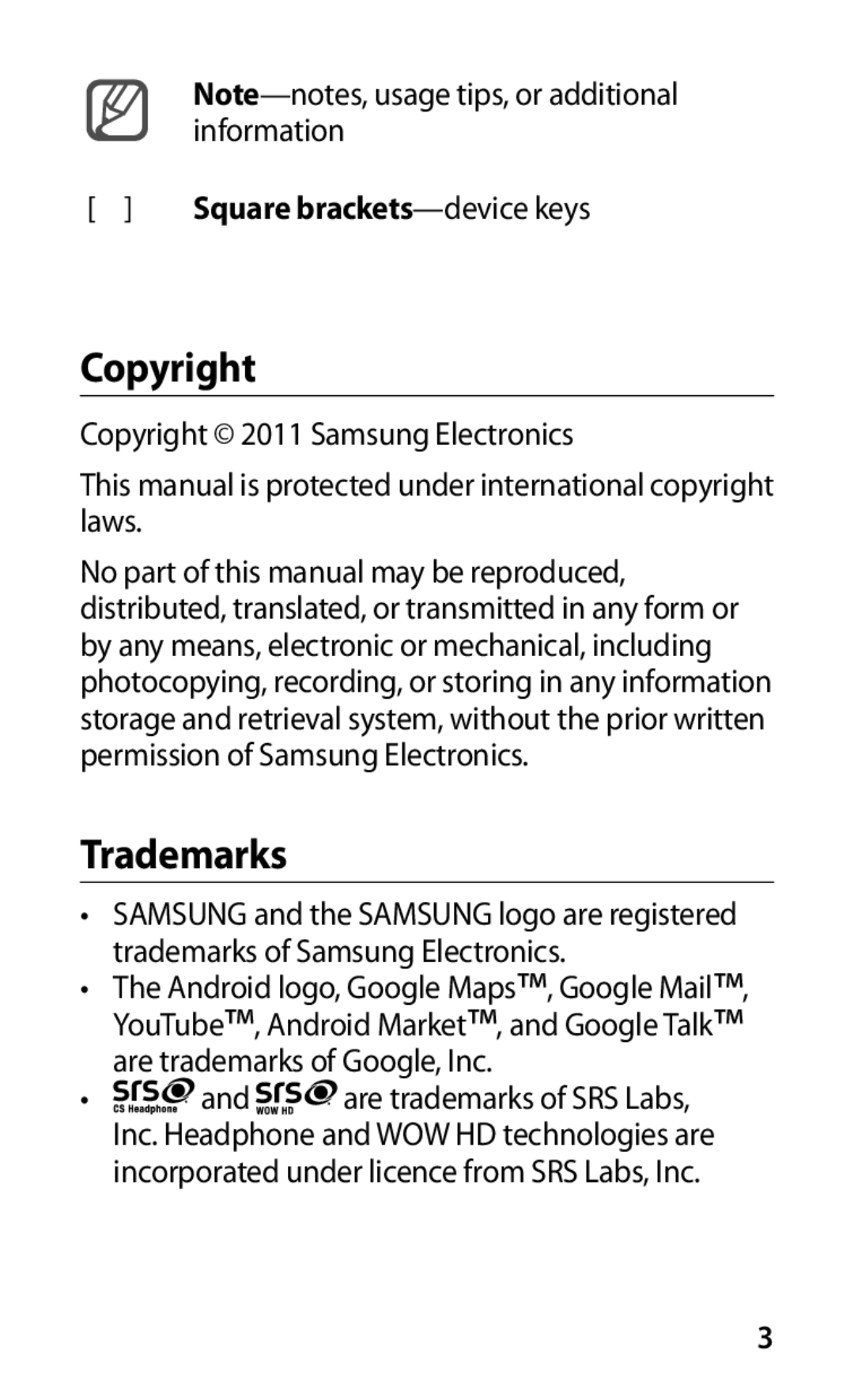 Samsung GT-S5660DSADBT, GT-S5660DSATPH, GT-S5660SWATPH, GT-S5660SWATCL Copyright, Trademarks, Square brackets -device keys 