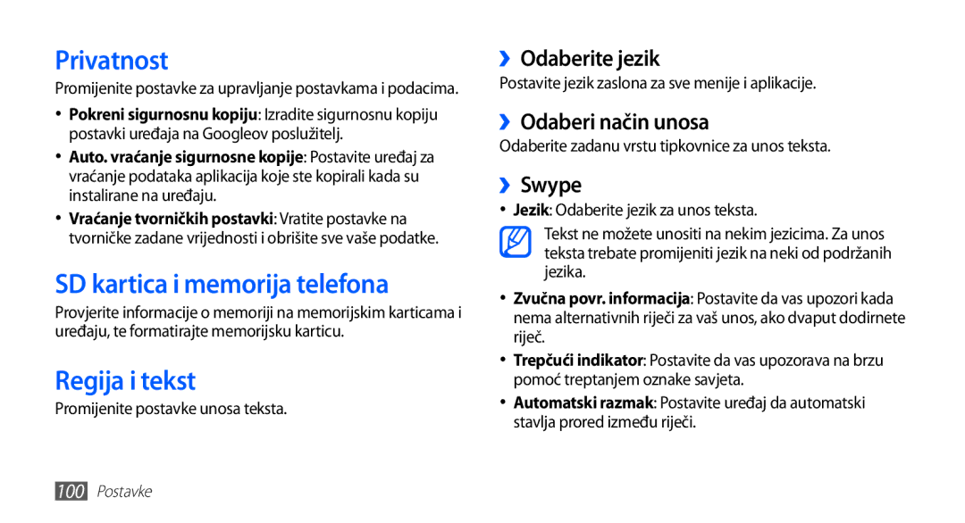 Samsung GT-S5660DSATRA, GT2S5660DSATRA manual Privatnost, SD kartica i memorija telefona, Regija i tekst 