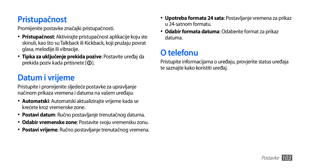 Samsung GT2S5660DSATRA manual Pristupačnost, Datum i vrijeme, Telefonu, Promijenite postavke značajki pristupačnosti 