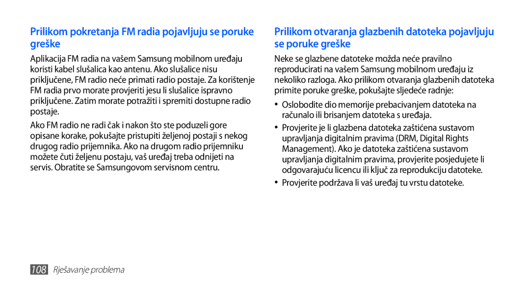 Samsung GT-S5660DSATRA, GT2S5660DSATRA manual Prilikom pokretanja FM radia pojavljuju se poruke greške 